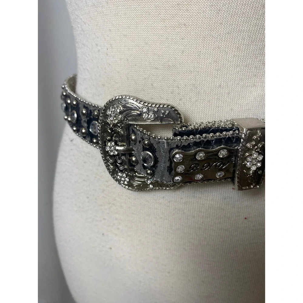 BHW Black Leather Western Belt Crystal Studded Silver Buckle Y2K Cowgirl